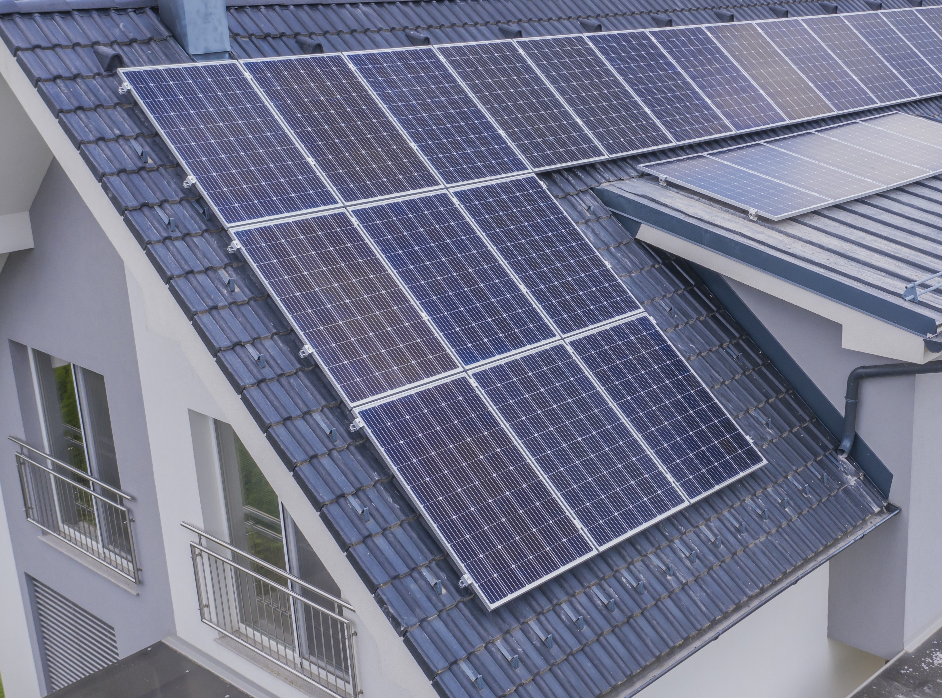 Aerial view of a home fitted with solar panels